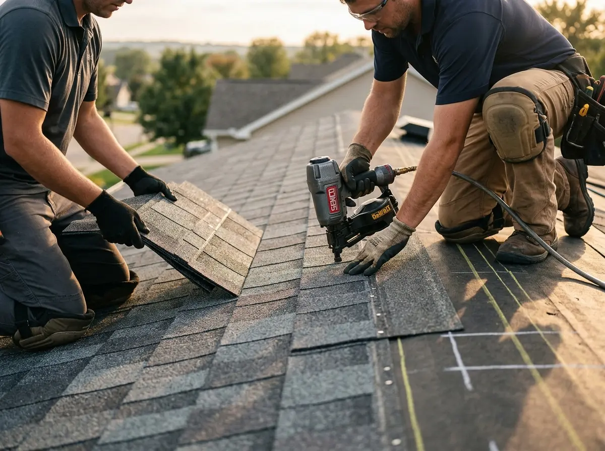 Professional roofer working on a residential roof in St. Johnsbury